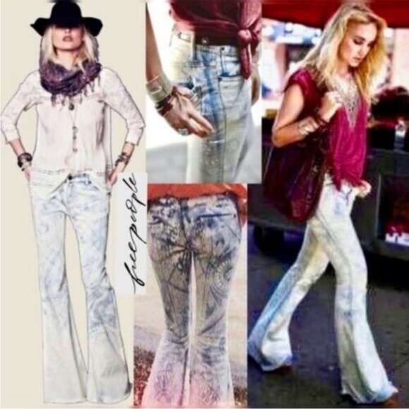 Free People Discharge Bali Flare Printed Boho Hippie Denim Flare Jeans - Picture 4 of 9